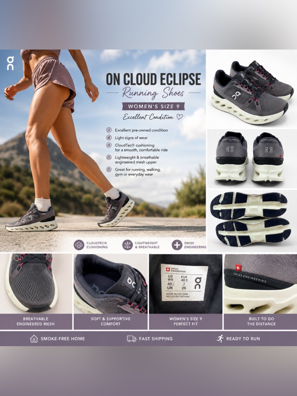 On Running Cloud Eclipse Women's Running Shoes - Charcoal Gray with White Sole
